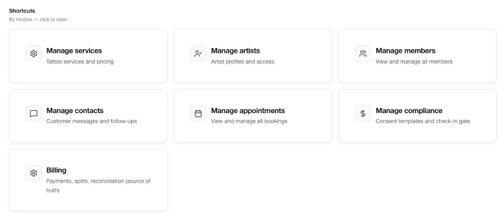 Admin Shortcuts: quick links to services, artists, members, contacts, appointments, compliance, and billing.