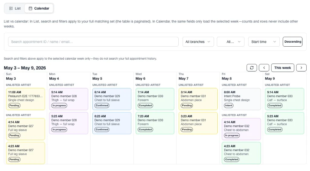Admin appointments calendar: weekly view with list vs calendar, filters, and status-coded booking cards.